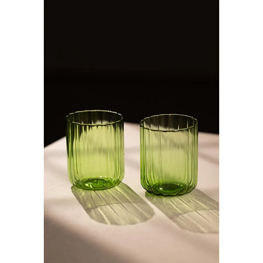 Rakle Flower El Yapımı Kendinden Renkli 2'li Su Bardağı Seti Yeşil 450 Cc