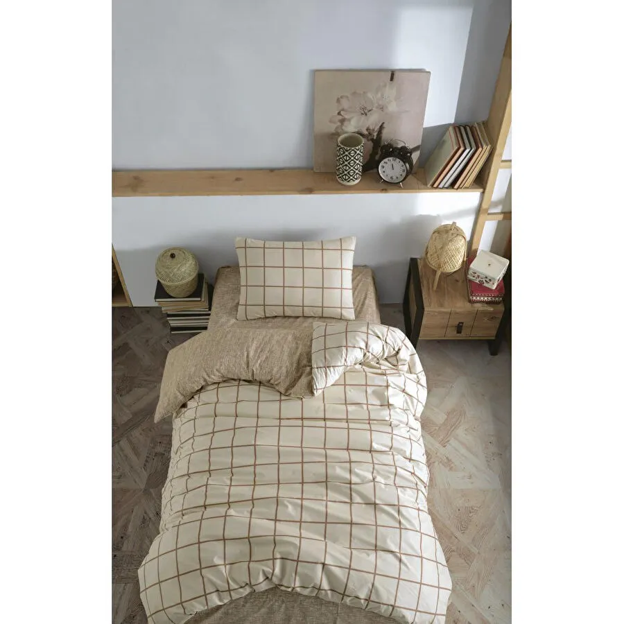 Cozy Home Tek Kişilik Lastikli Çarşaflı Nevresim Takımı Kare Krem