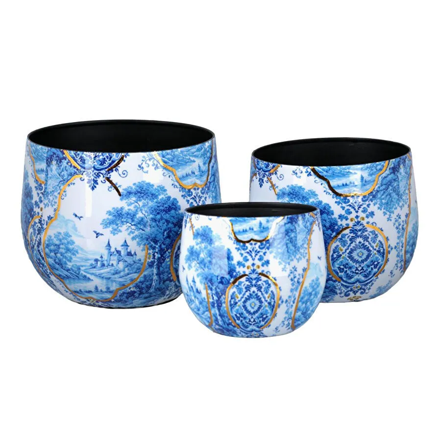 Lucky Art Blue Heritage Dekoratif 3'lü Saksı Seti