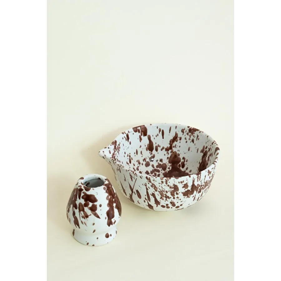 Beige & Stone Seramik Parlak Kahverengi Benekli Matcha Kase Ve Whisk Tutacağı Set