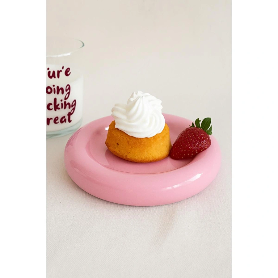 Beige & Stone Seramik Küçük Boy Parlak Pembe Donut Tatlı Tabağı