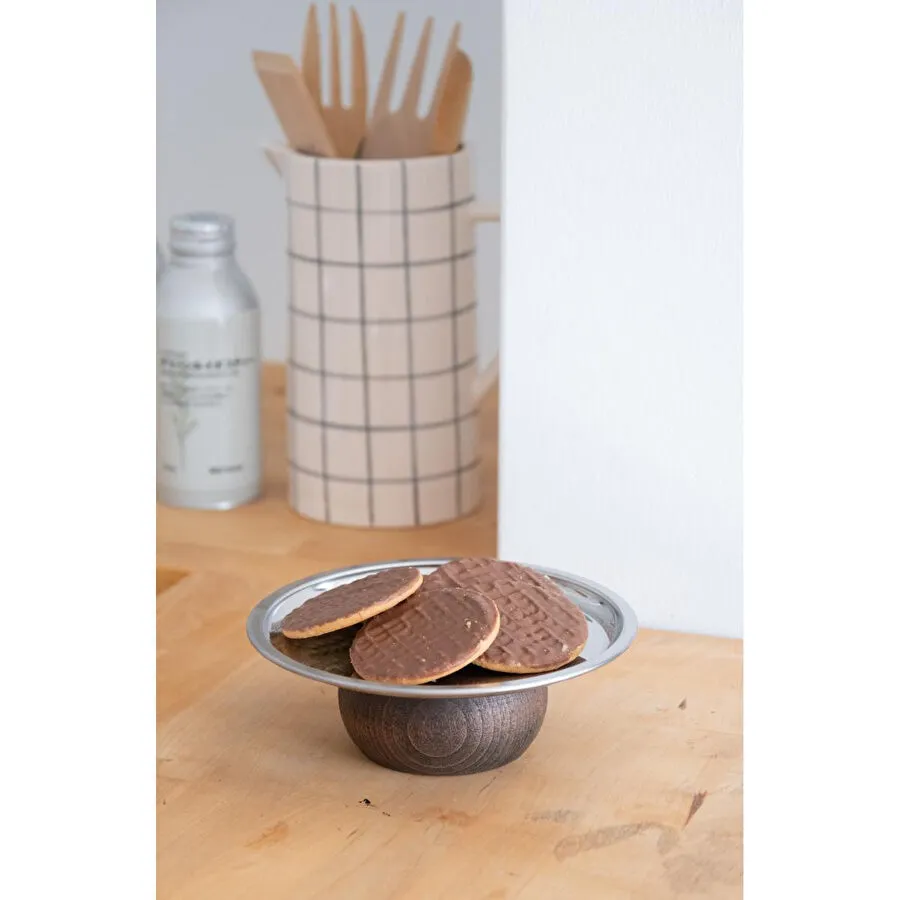 Beige & Stone Ahşap Tabanlı Metal 18 Cm Yuvarlak Servis/sunum Tabak Dekoratif Stand