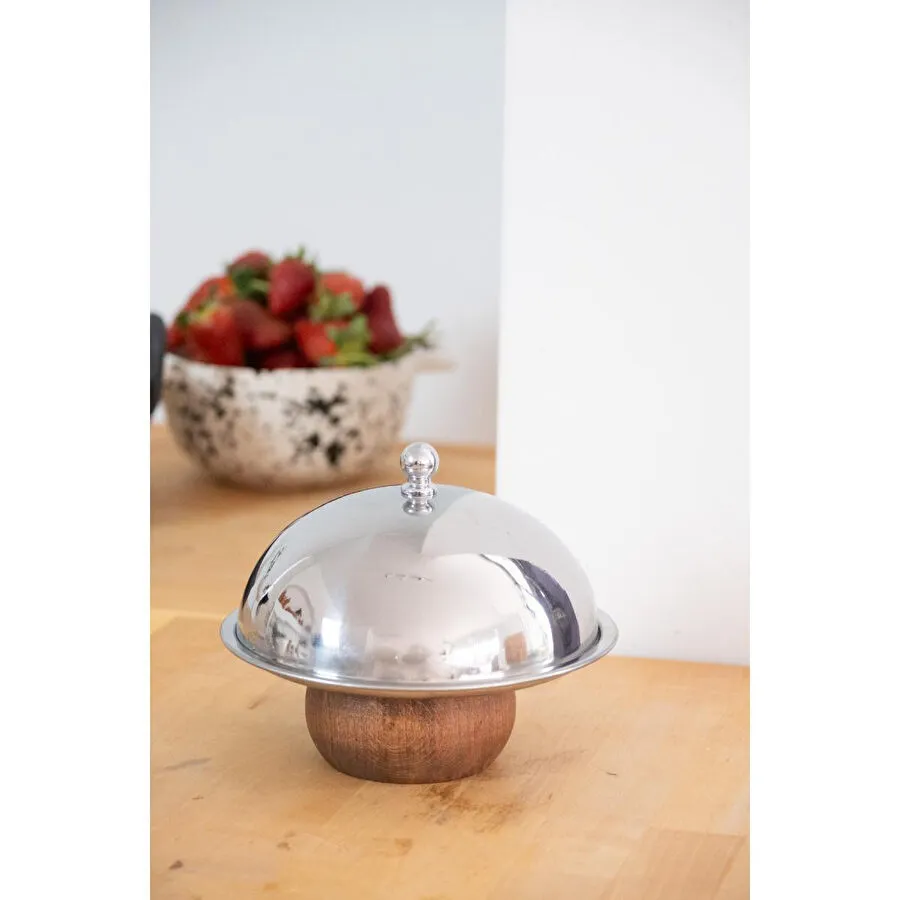 Beige & Stone Çelik Tatlı Meyve Sunum Fanus 16 Cm & Ahşap Ayaklı Metal Stand 18 Cm