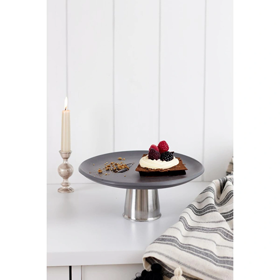 Beige & Stone Yüksek Metal Ayaklı 18 Cm Seramik Antrasit Yuvarlak Servis/sunum Tabak Stand