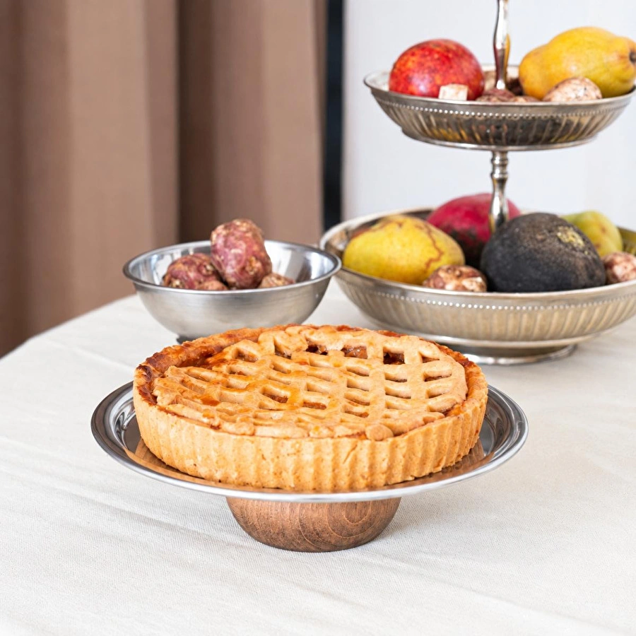 Beige & Stone Şık 23 Cm Yuvarlak Ahşap Ayaklı Çelik Sunum Tepsisi