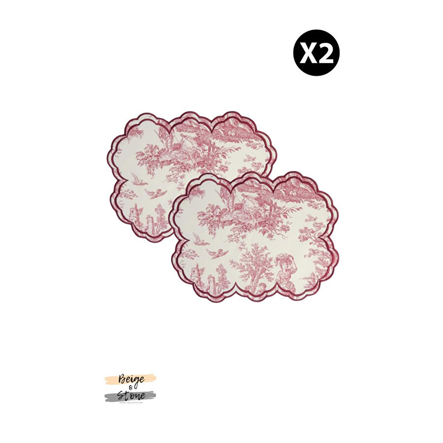 Beige & Stone Bordo Beyaz Vintage Nakış İşlemeli Amerikan Servis 2'li