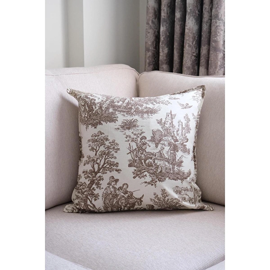 Beige & Stone Kahverengi Vintage Desenli 45x45 Dekoratif Yastık Kılıfı