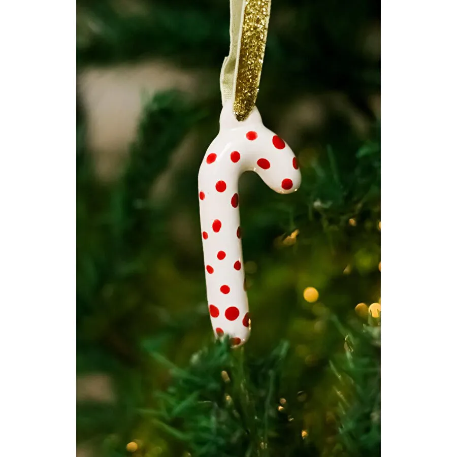 Beige & Stone Yılbaşı Ağaç Süsü Benekli Seramik Baston Çam Ağacı Süsü