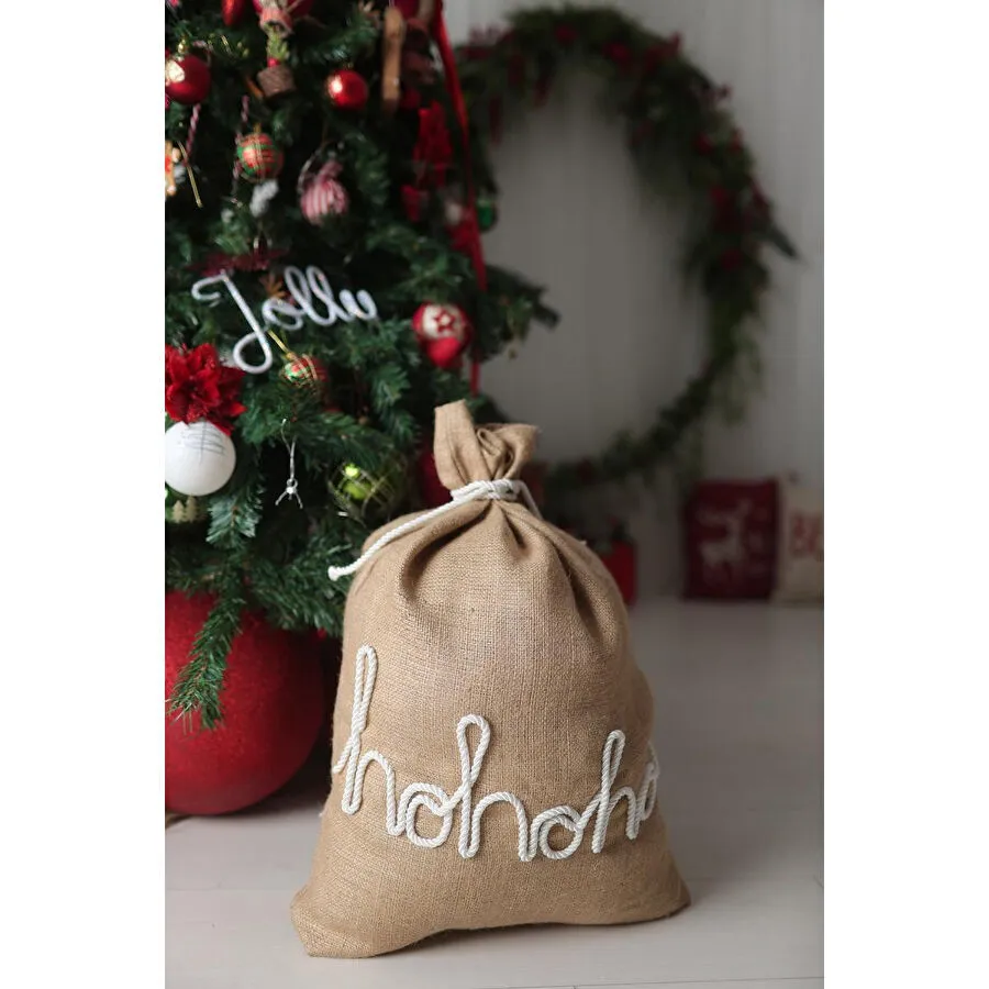 Beige & Stone Jüt Ho Ho Ho Süslemeli Yılbaşı Hediye Çuvalı
