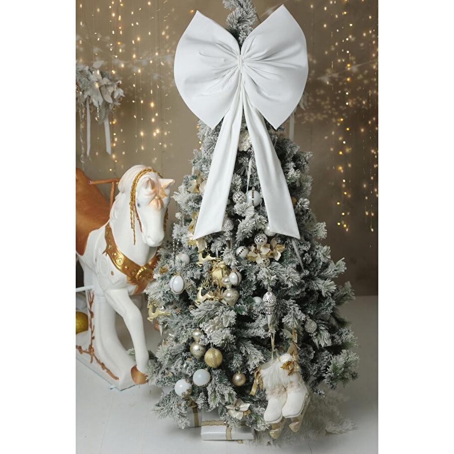 Beige & Stone Kurdele Yıllbaşı Ağaç Süs Noel Beyaz Fiyonk 55x50 Cm Büyük