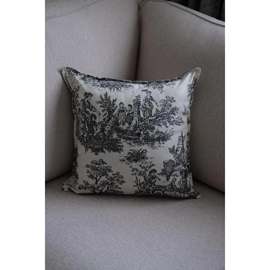 Beige & Stone Siyah Vintage Desenli 45x45 Dekoratif Yastık Kılıfı