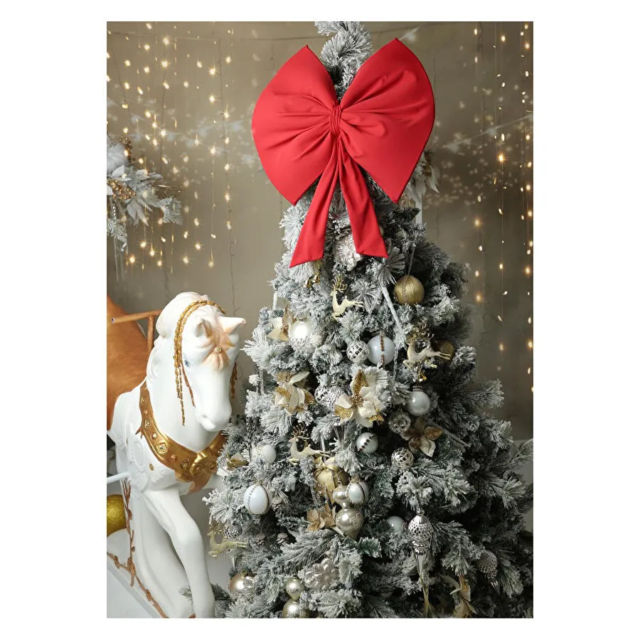 Beige & Stone Kurdele Orta Yıllbaşı Ağaç Süs Noel Kırmızı Fiyonk 37x40cm