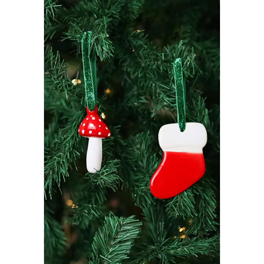 Beige & Stone Yılbaşı Ağaç Süsü Benekli Seramik Mantar-çorap 2'li Çam Ağacı Süsü