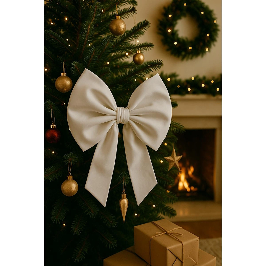 Beige & Stone Yıllbaşı Ağaç Süs Noel Beyaz Fiyonk 30x35 Cm Küçük
