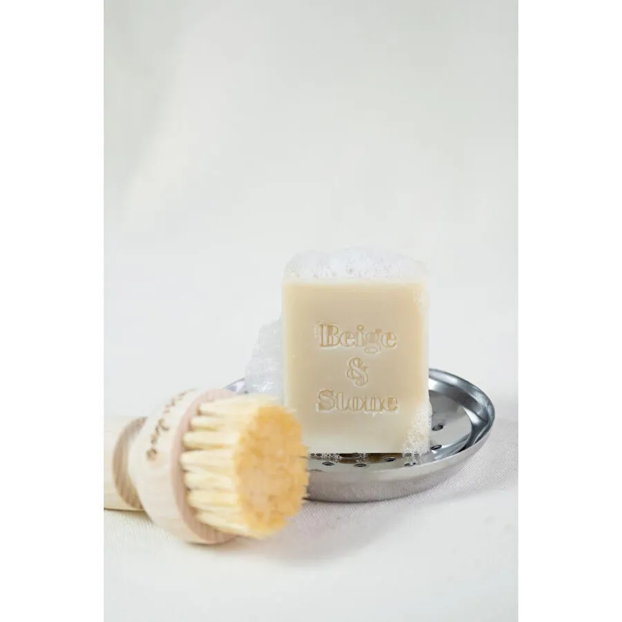 Beige & Stone Doğal Mutfak Seti | 11,5 Cm Çelik Sabunluk & Zeytinyağlı Katı Bulaşık Sabunu 100 Gr