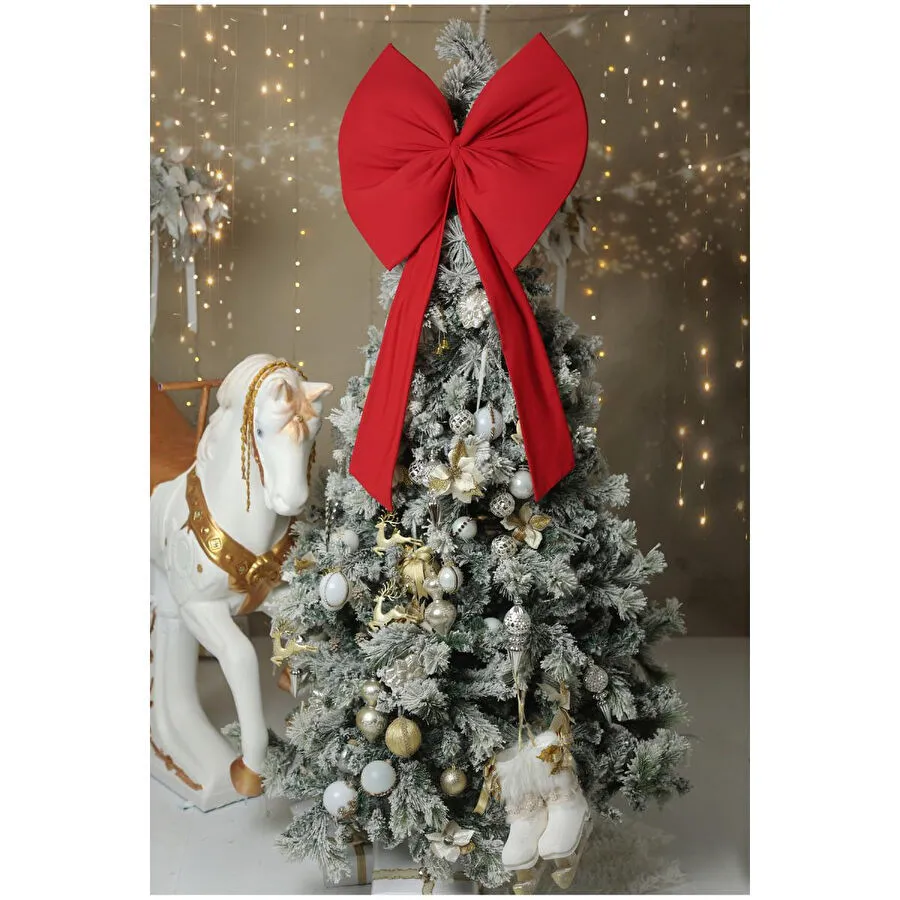 Beige & Stone Kurdele Yıllbaşı Ağaç Süs Noel Kırmızı Fiyonk 55x50 Cm Büyük