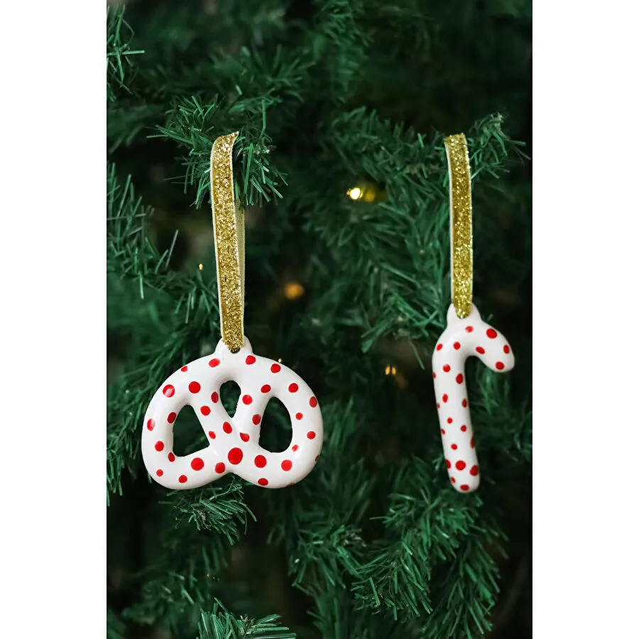 Beige & Stone Yılbaşı Ağaç Süsü Benekli Seramik Pretzel Simit-baston 2'li Çam Ağacı Süsü
