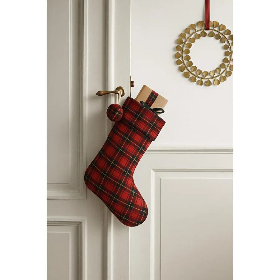 Beige & Stone Yılbaşı Süsü Şömine Ekose Hediyelik Çorap 30x 50 Cm