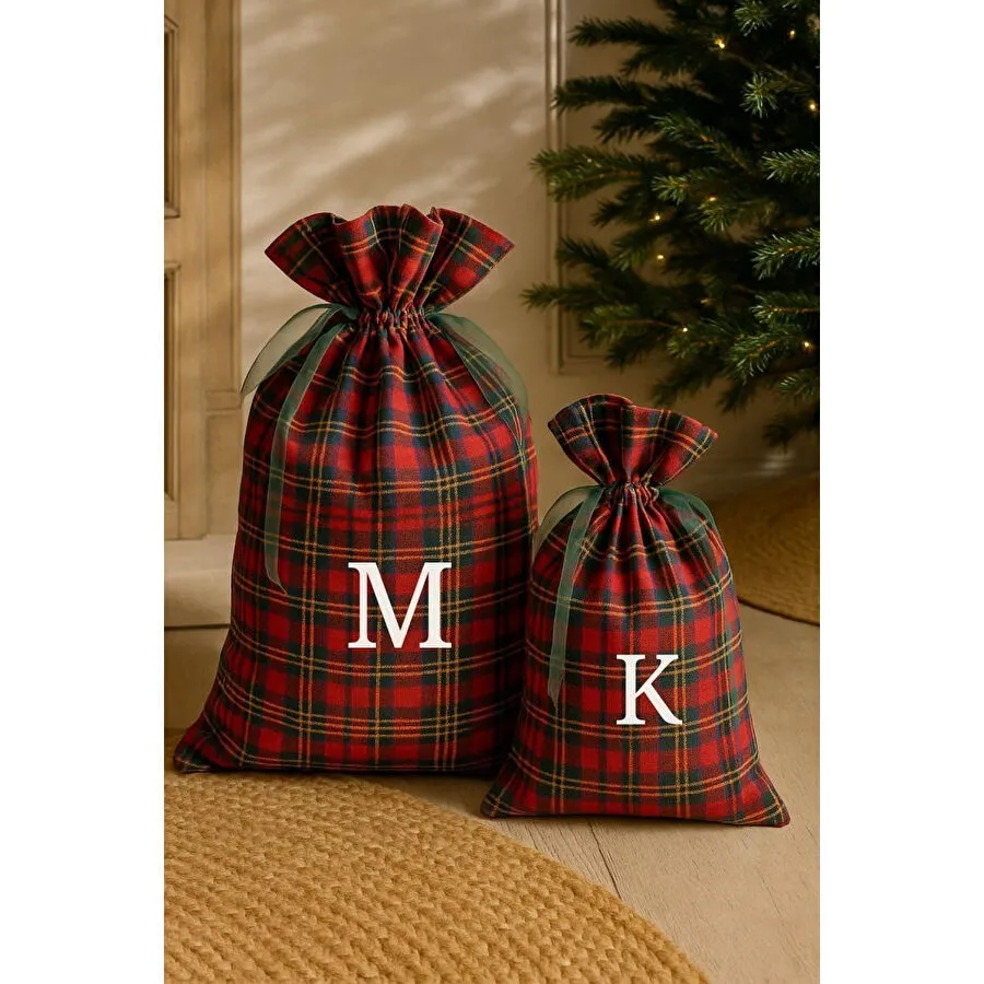 Beige & Stone Yılbaşı Kişiselleştirilmiş Harfe Özel Ekose Desenli Büyük Hediye Kesesi 40x60 Cm
