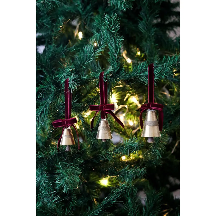 Beige & Stone X Den.ınteriors Yılbaşı Ağacı Süsleme Seti 3'lü Kadife Kurdeleli Gold Renk Çan Ağaç Süsü