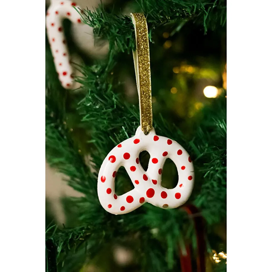 Beige & Stone Yılbaşı Ağaç Süsü Benekli Seramik Pretzel Simit Çam Ağacı Süsü