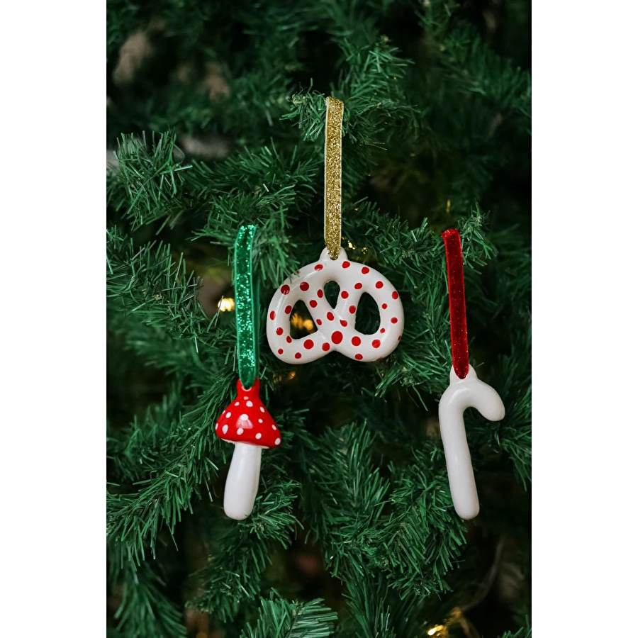 Beige & Stone Yılbaşı Ağaç Süsü Seramik Pretzel Benekli Simit,beyaz Baston Ve Mantar 3'lü Set Çam Ağacı Süsü