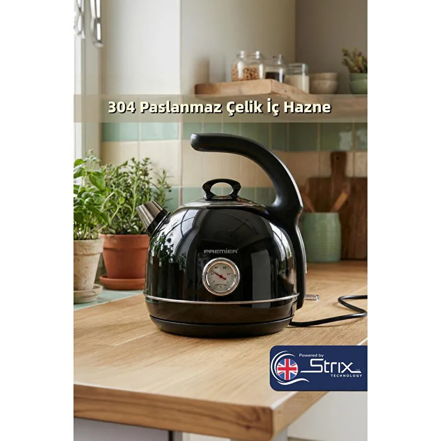 Premier Prk 1215c Retro Tasarımlı Analog Göstergeli Paslanmaz Çelik Hazneli Su Isıtıcısı Cool Touch Kettle Siyah Renk
