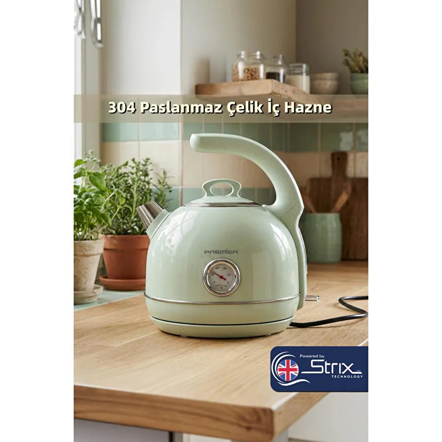 Premier Prk 1215c Retro Tasarımlı Analog Göstergeli Paslanmaz Çelik Hazneli Su Isıtıcısı Cool Touch Kettle Yeşil Renk