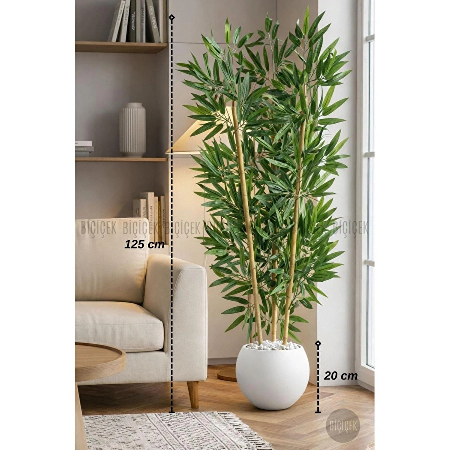 Biçiçek 125cm Yapay Bambu Ağaci Küre Saksida Beyaz