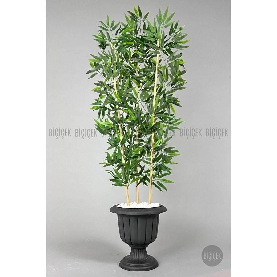 Biçiçek Yapay Bambu Ağacı 140cm Yoğun Yapraklı Antrasit Renk Nergis Saksıda