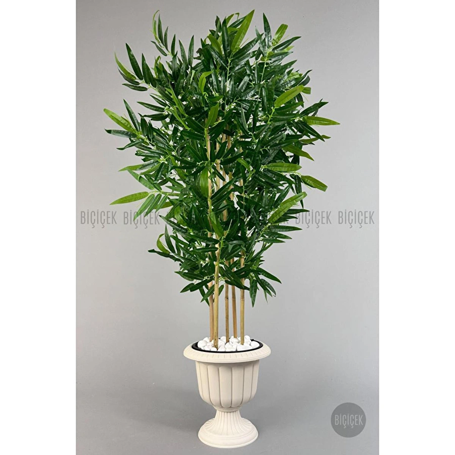 Biçiçek Yapay Bambu Ağacı 170cm Büyük Yapraklı 5 Bambulu Kırık Beyaz Renk Nergis Saksıda Yapay Ağaç