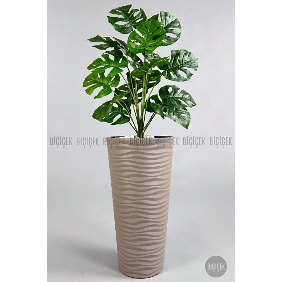 Biçiçek Yapay Çiçek Salon Bitkisi Monstera Deve Tabanı Bej Renk Kumsal Saksıda
