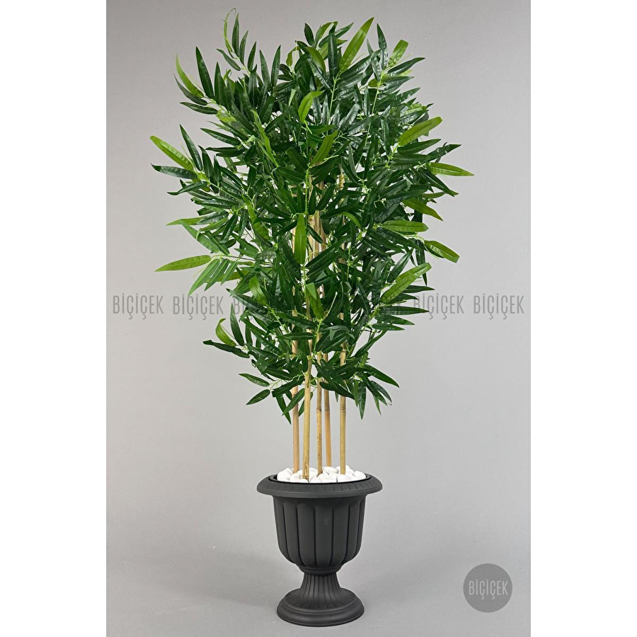 Biçiçek Yapay Bambu Ağacı 170cm Büyük Yapraklı 5 Bambulu Antrasit Renk Nergis Saksıda Yapay Ağaç