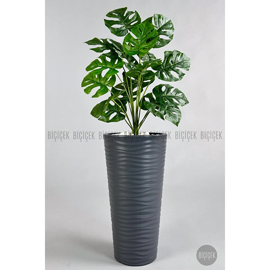 Biçiçek Yapay Çiçek Salon Bitkisi Monstera Deve Tabanı Antrasit Renk Kumsal Saksıda