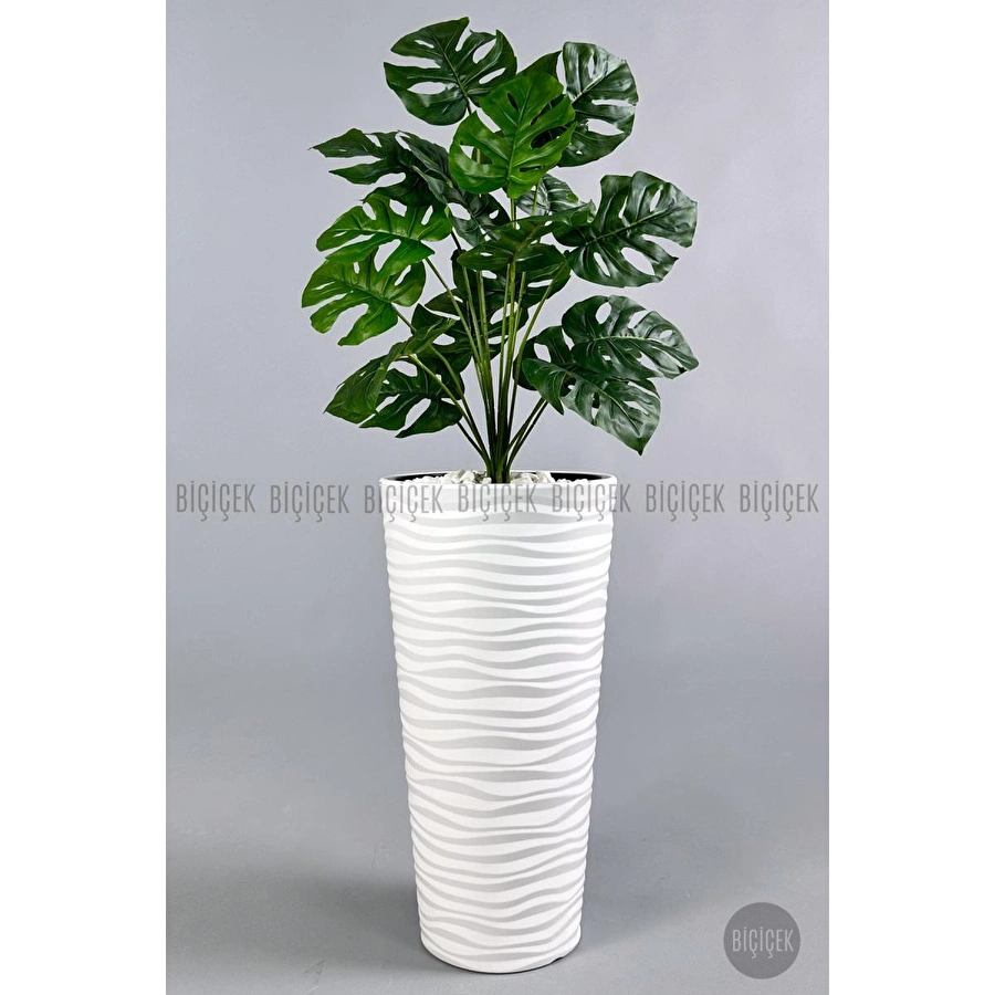 Biçiçek Yapay Çiçek Salon Bitkisi Monstera Deve Tabanı Beyaz Renk Kumsal Saksıda