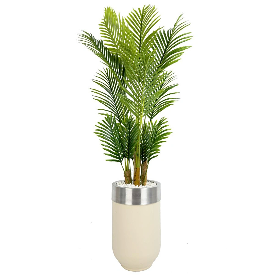 Biçiçek Areka Palmiyesi 160cm Krem Gümüş Metal Darbuka Saksıda