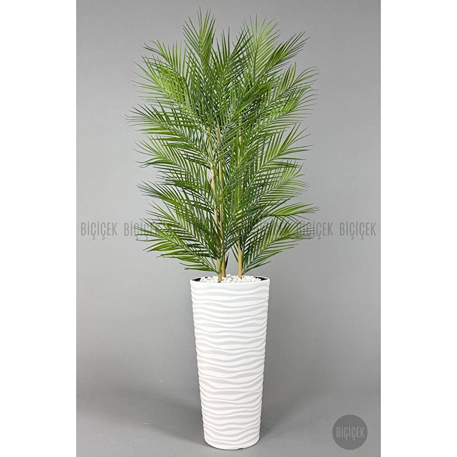 Biçiçek Yapay Areka Ağacı Palmiye Ağacı 33 Yapraklı Bambu Gövdeli Beyaz Kumsal Saksı Salon Çiçeği 150cm