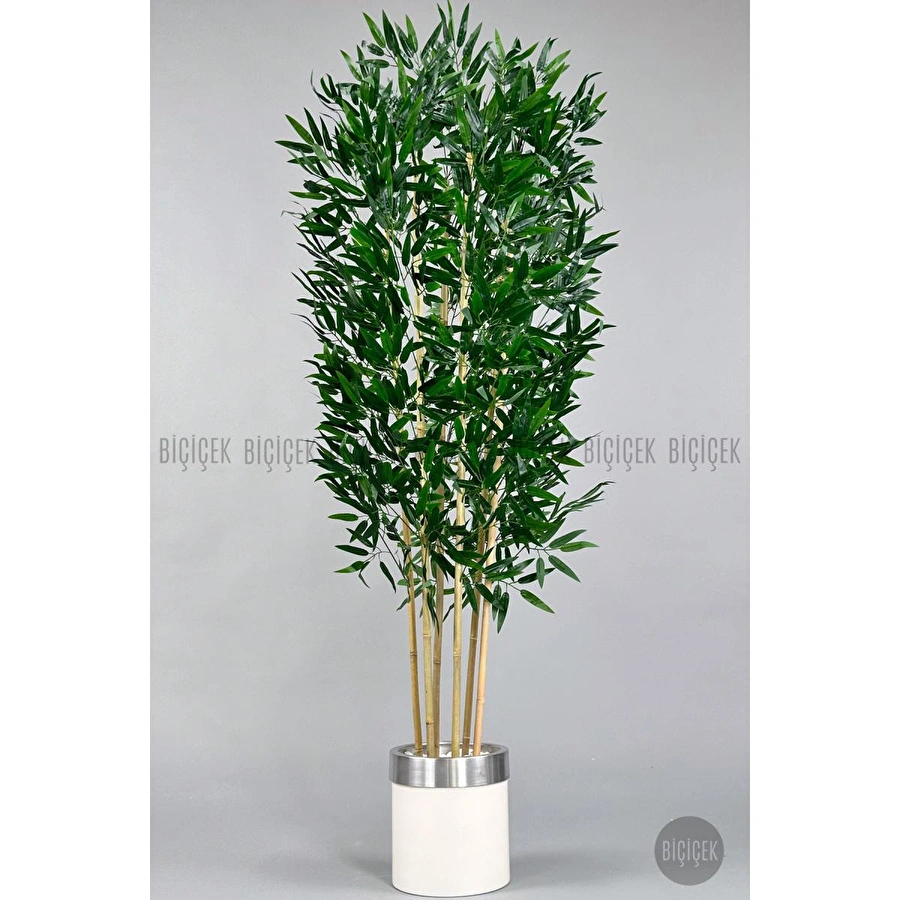 Biçiçek Yapay Bambu Ağacı 170cm Krem Metal Saksıda Gümüş