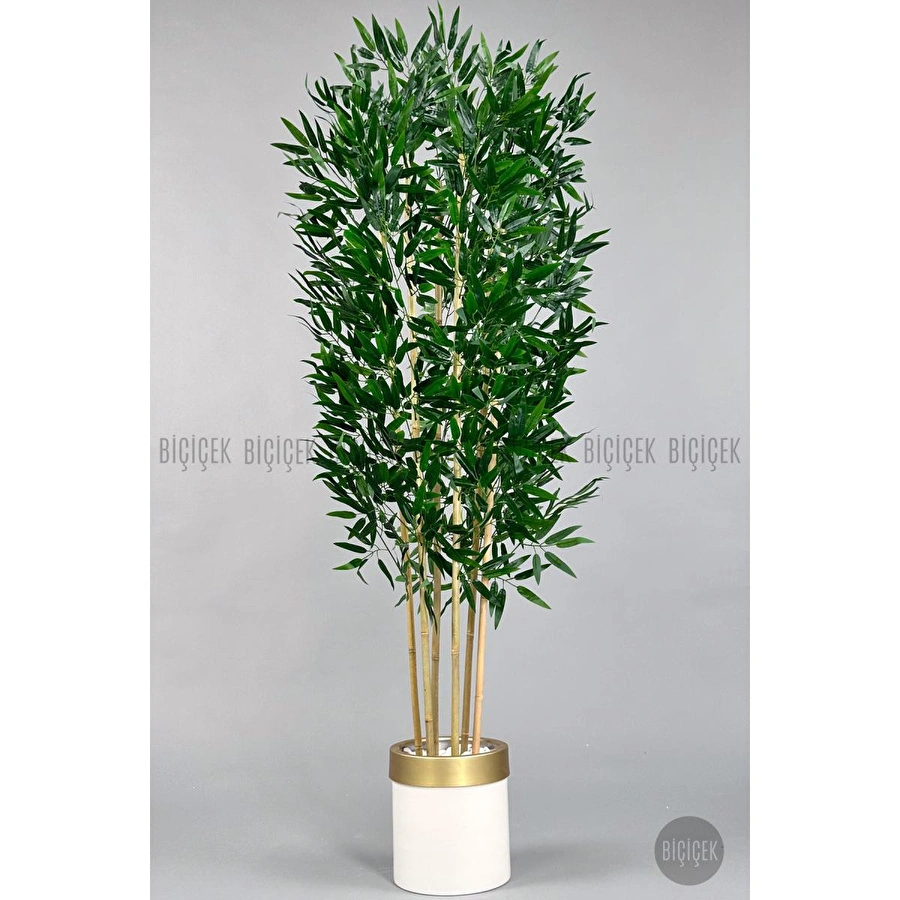 Biçiçek Yapay Bambu Ağacı 170cm Krem Metal Saksıda Gold