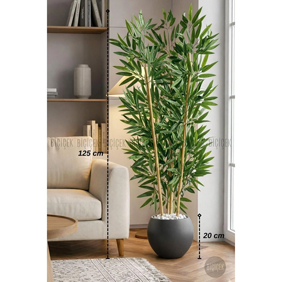 Biçiçek 125cm Yapay Bambu Ağaci Küre Saksida Gri