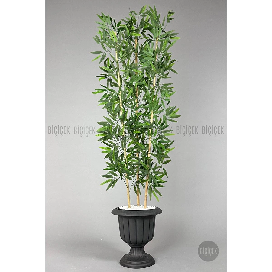 Biçiçek Yapay Bambu Ağacı 170cm Yoğun Yapraklı Antrasit Renk Nergis Saksıda