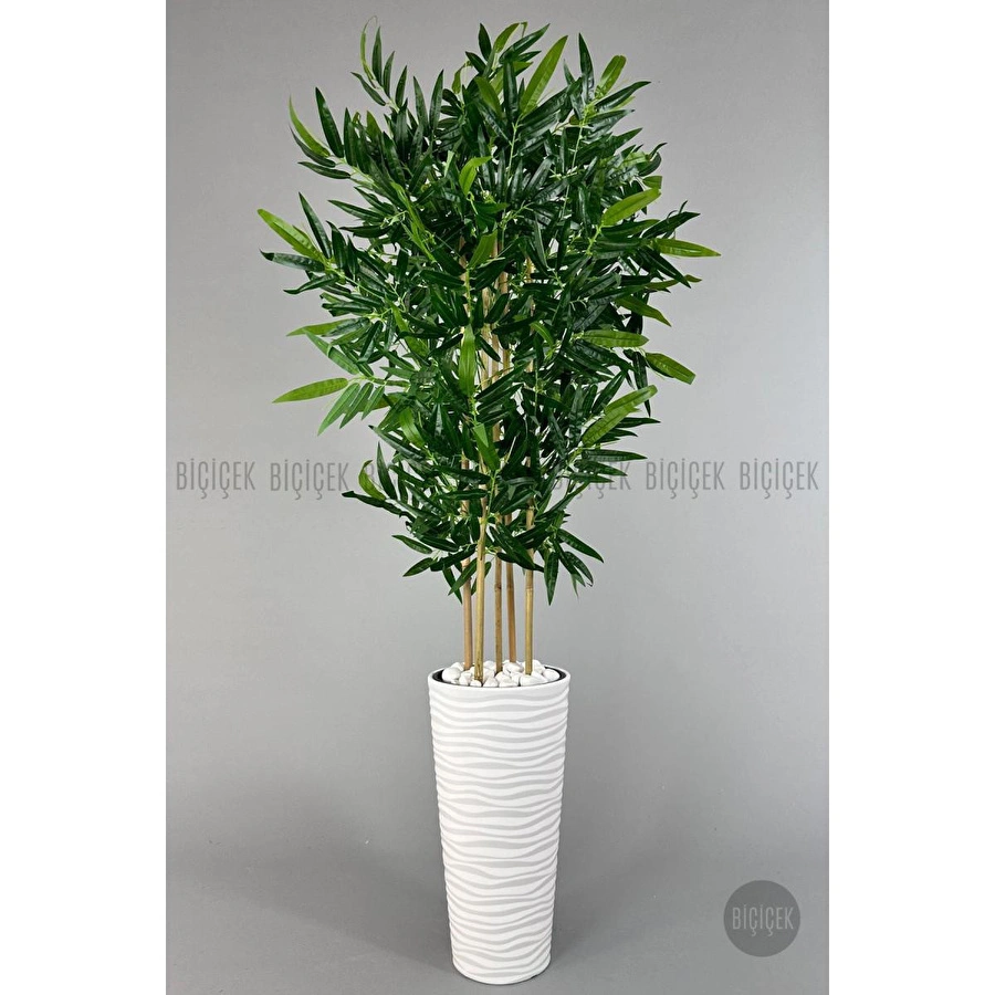 Biçiçek Yapay Bambu Ağacı 185cm Büyük Yapraklı 5 Bambulu Beyaz Renk Kumsal Saksıda Yapay Ağaç