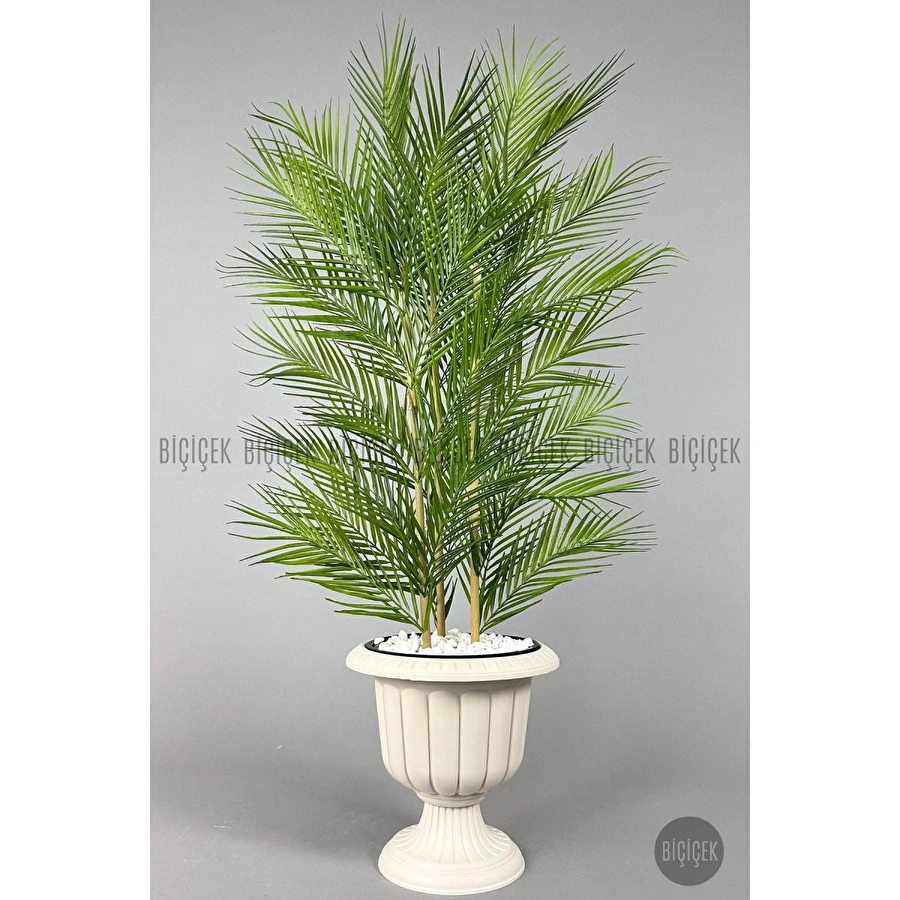 Biçiçek Yapay Areka Ağacı Palmiye Ağacı 33 Yapraklı Bambu Gövdeli Kırıkbeyaz Nergis Saksı Salon Çiçeği 130cm