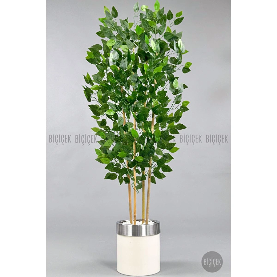 Biçiçek Yapay Benjamin Ağacı 140cm Krem Gümüş Metal Saksıda