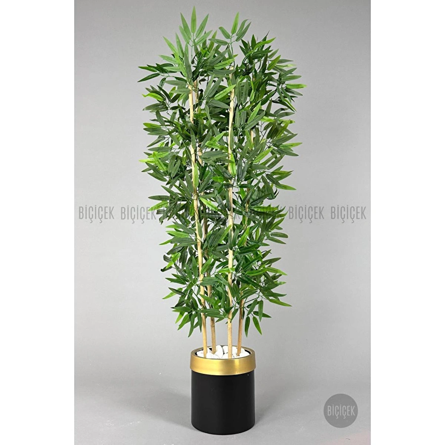 Biçiçek Yapay Bambu Ağacı 140cm Siyah Gold Metal Saksıda