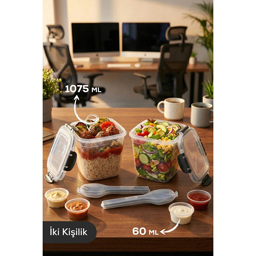 Vienev 2'li Kilitli Kapak 1075ml Yemek Saklama Kabı - Sosluk Ve Kaşık Setli Pratik Öğün Kabı