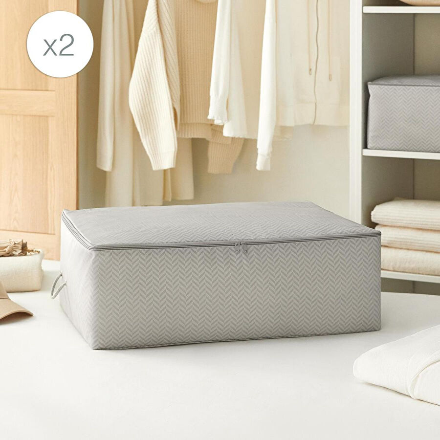 Ocean Home Textile 2'li Büyük Boy Gri Balıksırtı Baza Altı Hurç Set 62 X 46 X 22 Cm