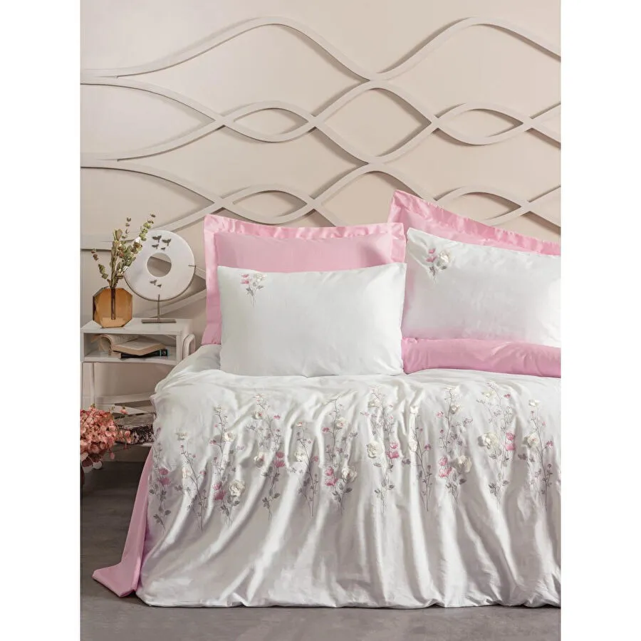 Cotton Box 3d Nakışlı Saten Çift Kişilik Nevresim Takımı Jolie Pembe
