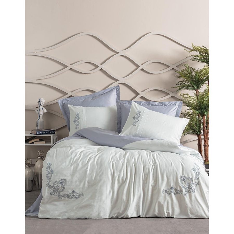 Cotton Box Nakışlı Saten Çift Kişilik Nevresim Takımı Biana Gri