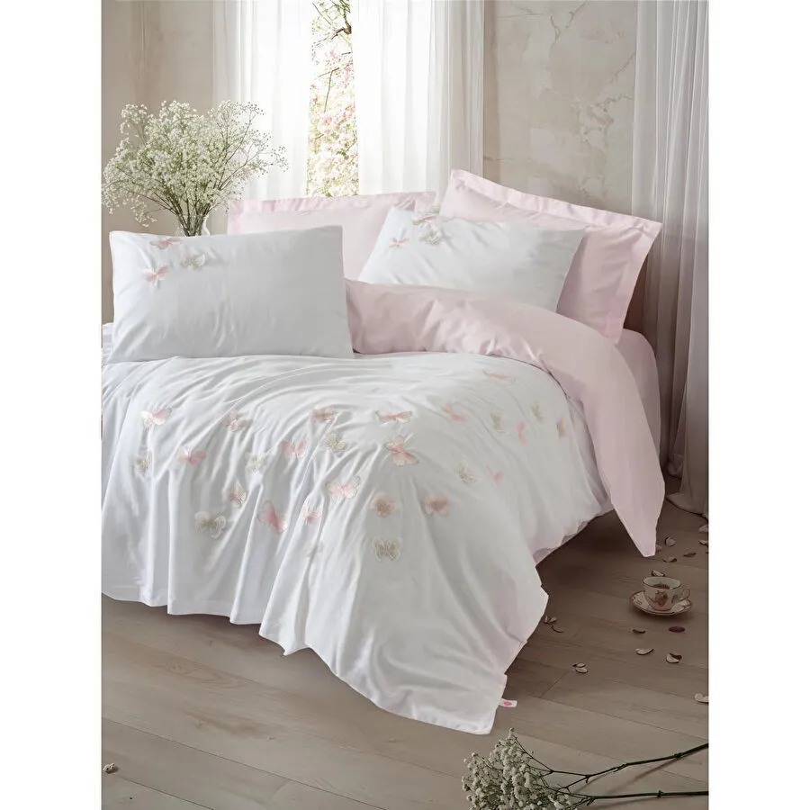 Cotton Box 3d Nakışlı Saten Çift Kişilik Nevresim Takımı Charming Pudra